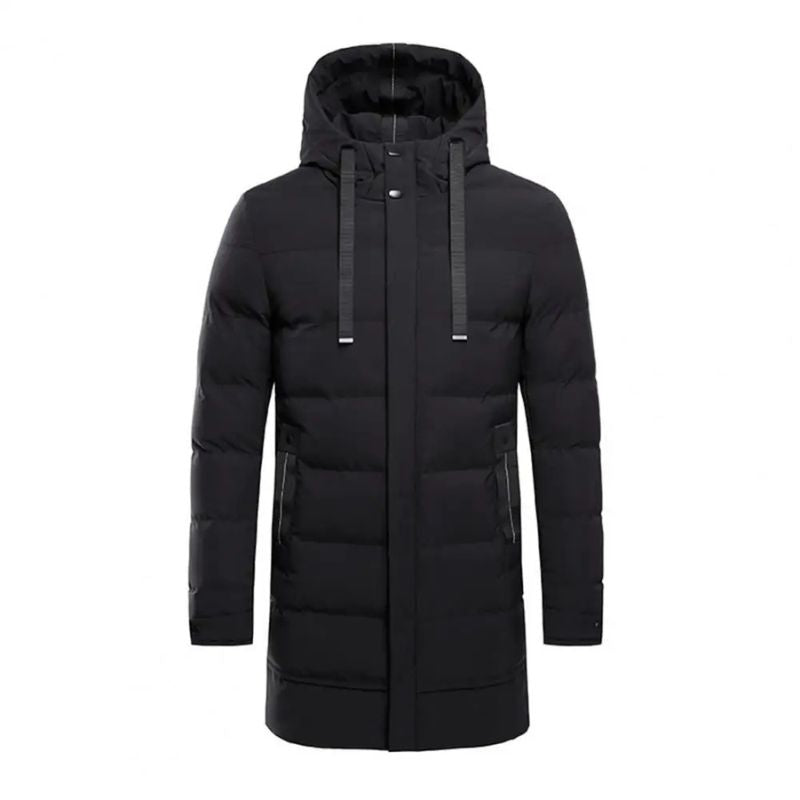 Luxe waterdichte lange winterjas voor heren met capuchon, ideaal voor koude en regenachtige dagen.