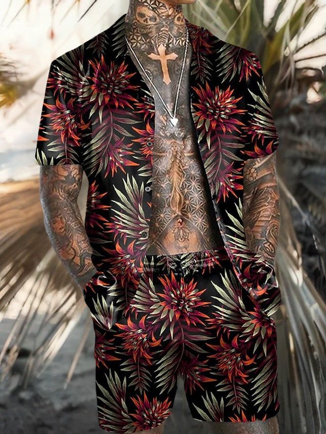 Stijlvol Hawaiiaans shirt en korte broek met levendige tropische prints voor de zomer.