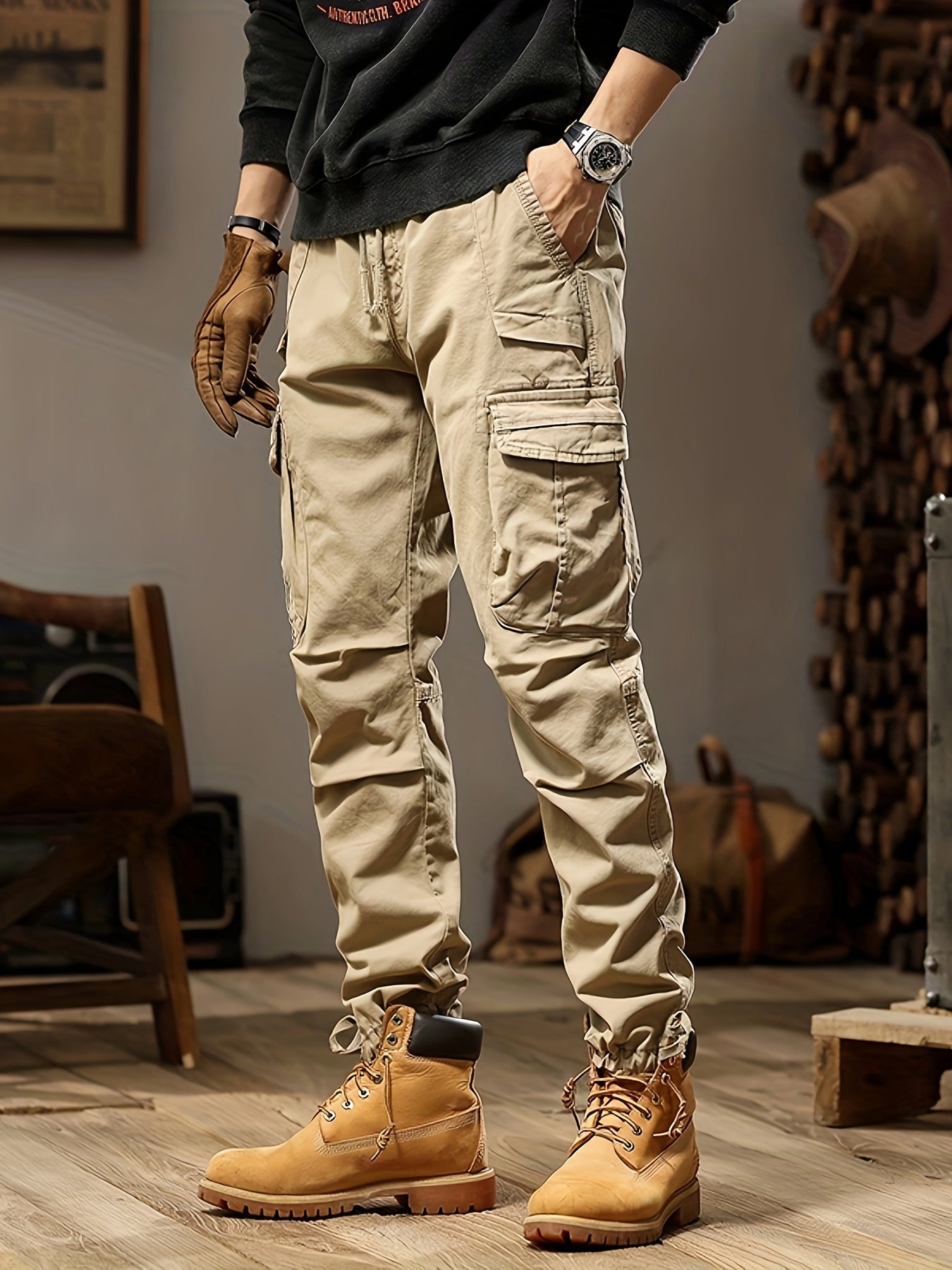 Grijze cargo broek voor mannen met elastische tailleband en zijzakken, ideaal voor casual en outdoor looks.