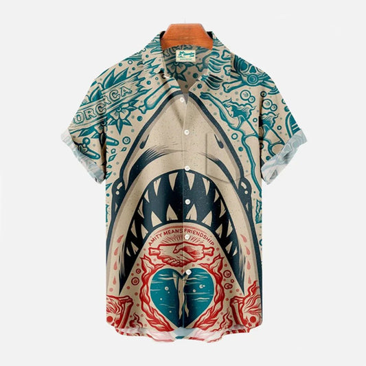 Trendy zomershirt met haaienprint, luchtig en stijlvol voor moderne mannen.