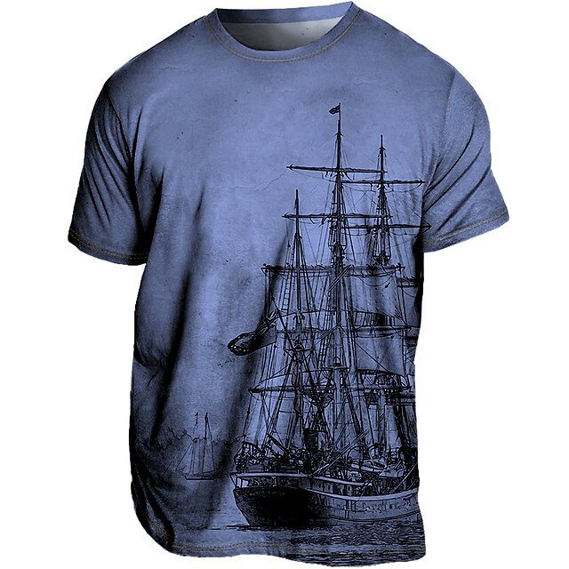 Vintage T-shirt met scheepsprint en verweerde uitstraling.