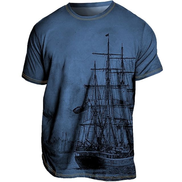 Vintage T-shirt met scheepsprint en verweerde uitstraling.