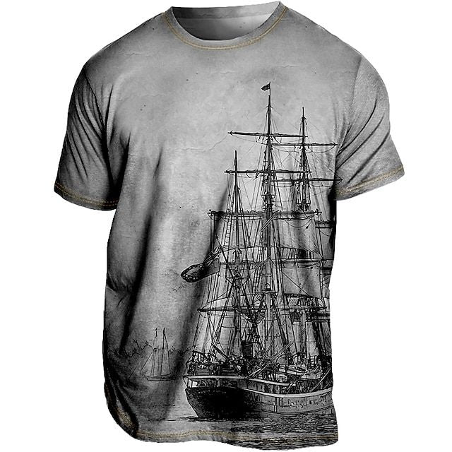 Vintage T-shirt met scheepsprint en verweerde uitstraling.