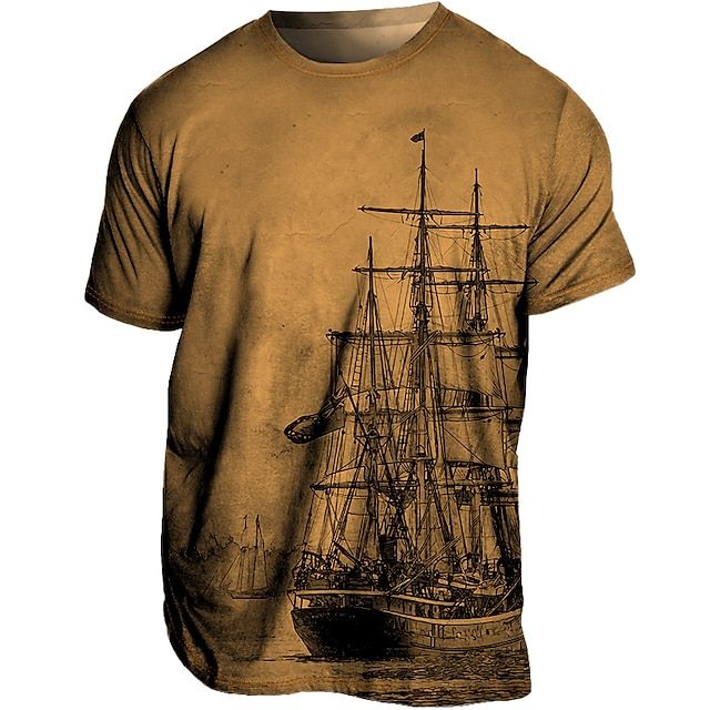 Vintage T-shirt met scheepsprint en verweerde uitstraling.