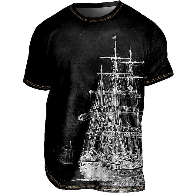 Vintage T-shirt met scheepsprint en verweerde uitstraling.