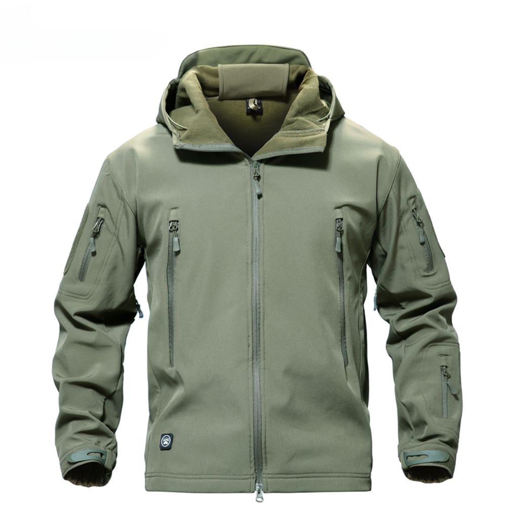 Waterdicht thermisch herenjack in khaki met meerdere zakken en isolerende eigenschappen, ideaal voor outdooractiviteiten en winterweer.