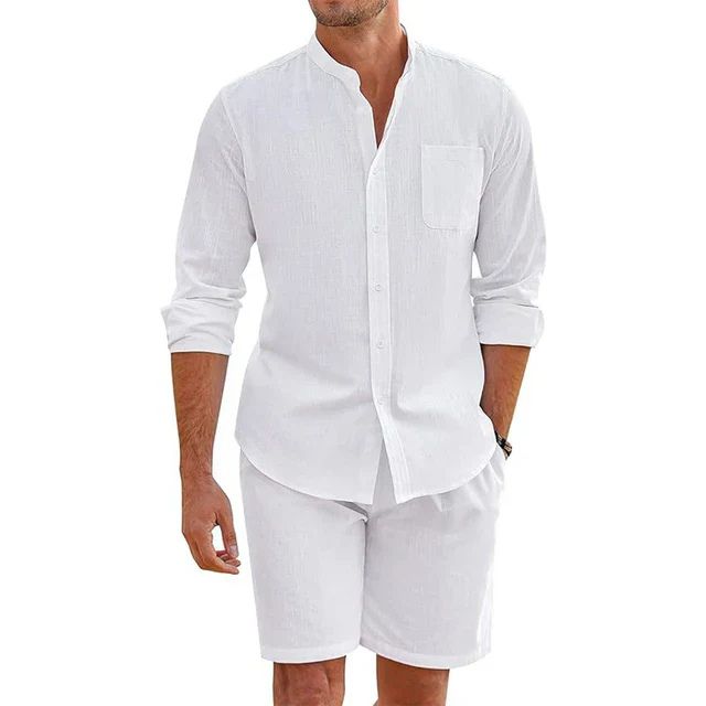 Modieus heren zomerset met luchtig overhemd en comfortabele shorts, ideaal voor casual en chique gelegenheden.